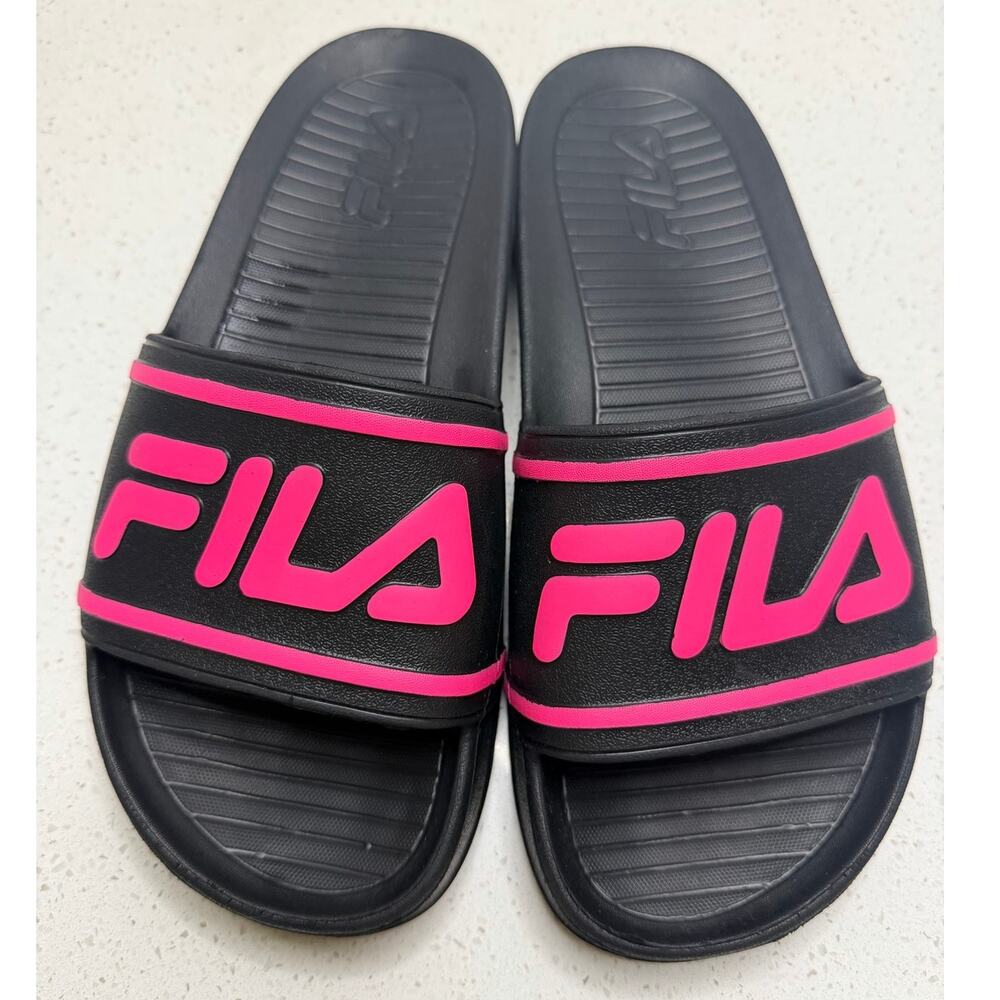 FILA Sleek Slide ST Size 9 Black / Pink Slip-On Women’s Slide Sandals